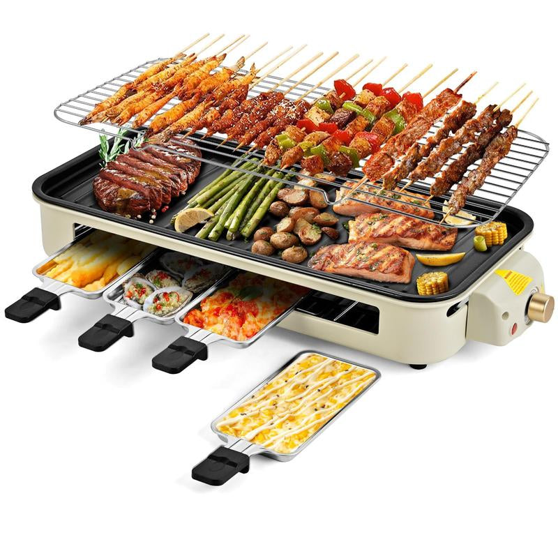 Pukomc 1500W Smokeless Indoor Electric Grill with Non-Stick Plate, 3 Raclette Pans, and Dishwasher-Safe Components - Ideal for Steaks, Hot Dogs, and More
