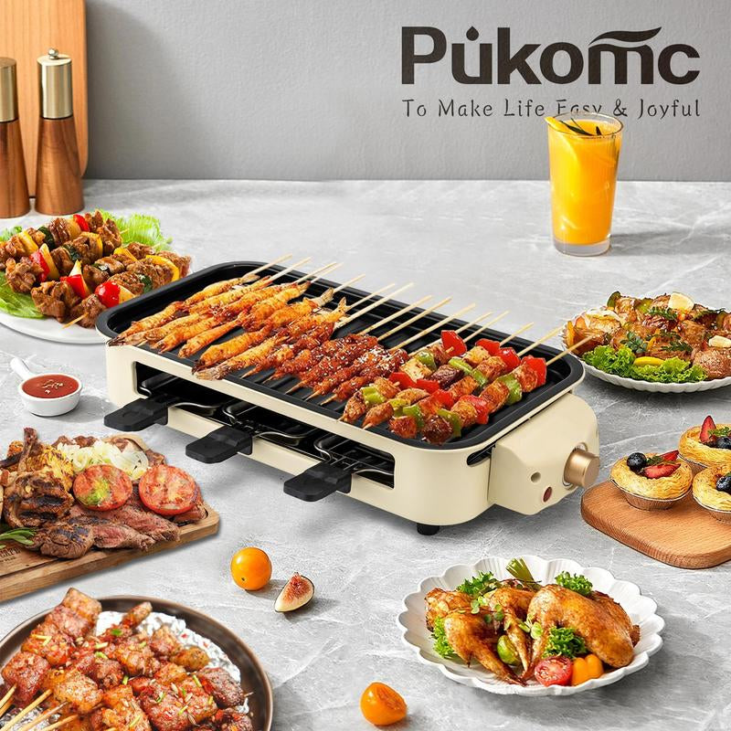 Pukomc 1500W Smokeless Indoor Electric Grill with Non-Stick Plate, 3 Raclette Pans, and Dishwasher-Safe Components - Ideal for Steaks, Hot Dogs, and More