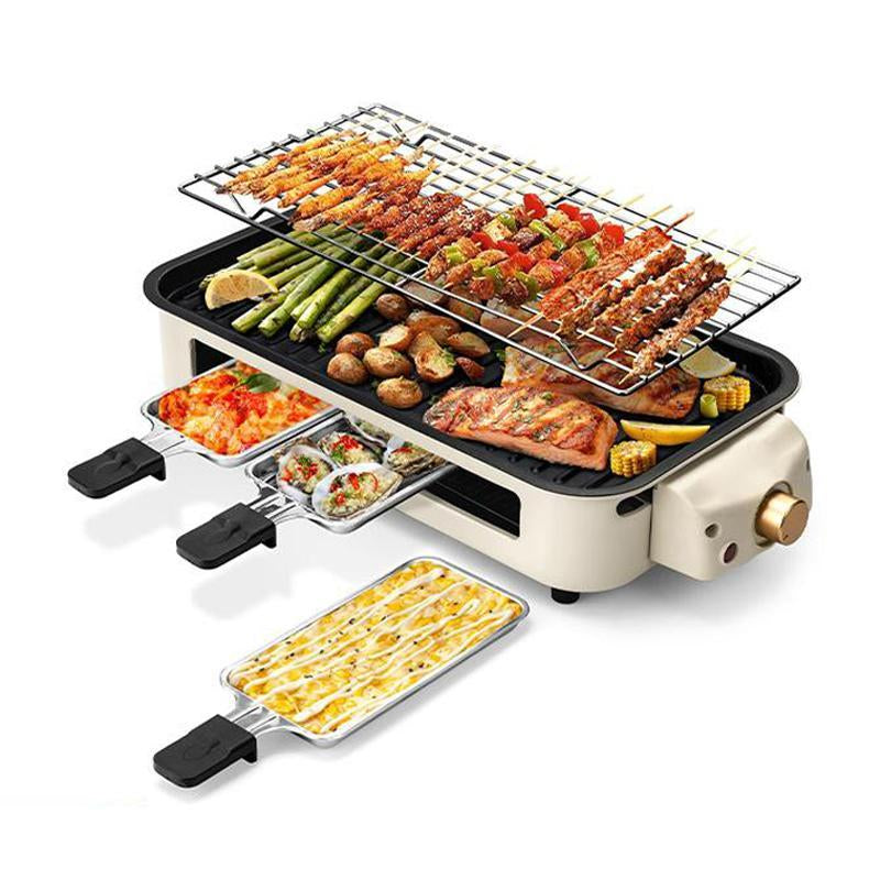 Pukomc 1500W Smokeless Indoor Electric Grill with Non-Stick Plate, 3 Raclette Pans, and Dishwasher-Safe Components - Ideal for Steaks, Hot Dogs, and More