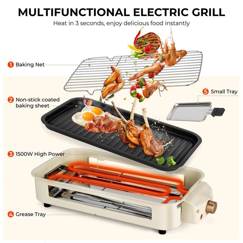Pukomc 1500W Smokeless Indoor Electric Grill with Non-Stick Plate, 3 Raclette Pans, and Dishwasher-Safe Components - Ideal for Steaks, Hot Dogs, and More