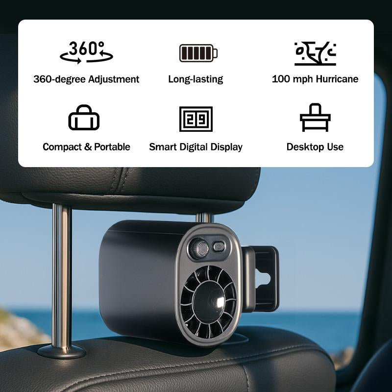 JOYTUTUS Car Clip on Fan with LED Display - 360° Rotation, 100 Speeds Adjustable, USB Rechargeable Personal Cooling Fan 1800Mah Battery