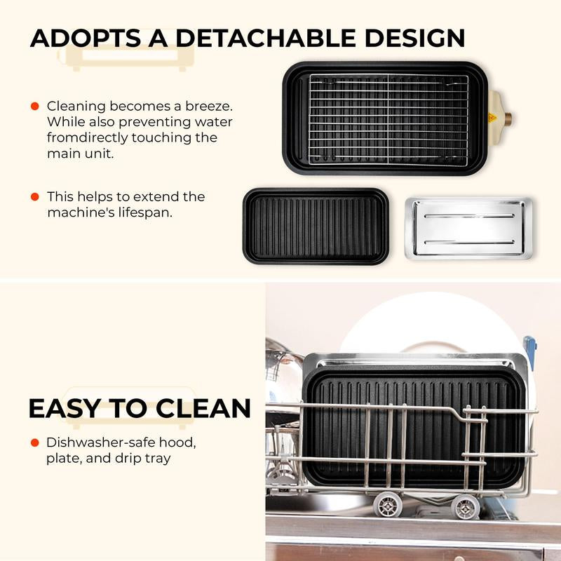 Pukomc 1500W Smokeless Indoor Electric Grill with Non-Stick Plate, 3 Raclette Pans, and Dishwasher-Safe Components - Ideal for Steaks, Hot Dogs, and More