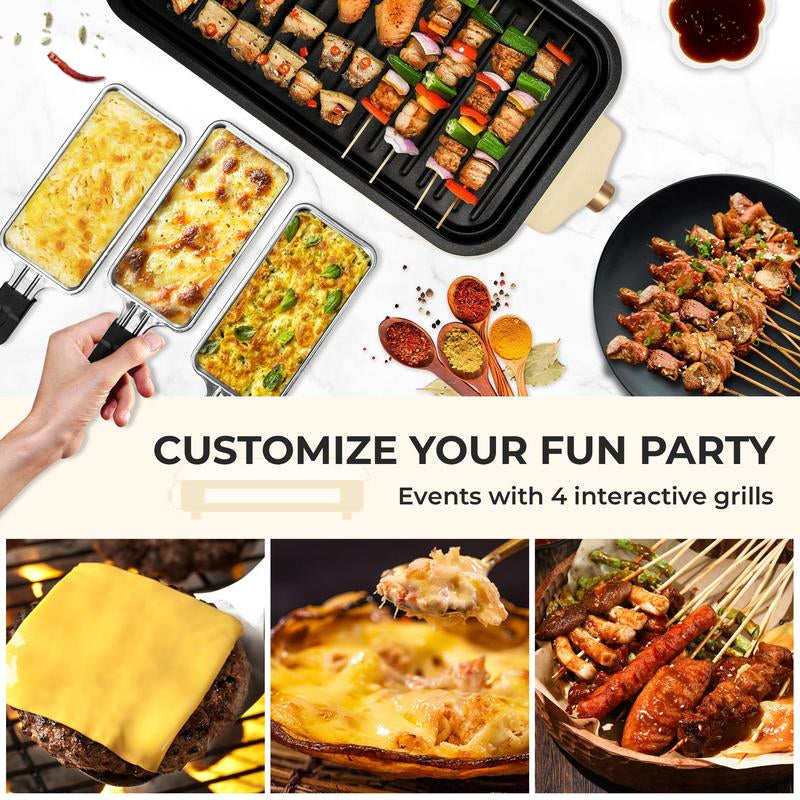 Pukomc 1500W Smokeless Indoor Electric Grill with Non-Stick Plate, 3 Raclette Pans, and Dishwasher-Safe Components - Ideal for Steaks, Hot Dogs, and More