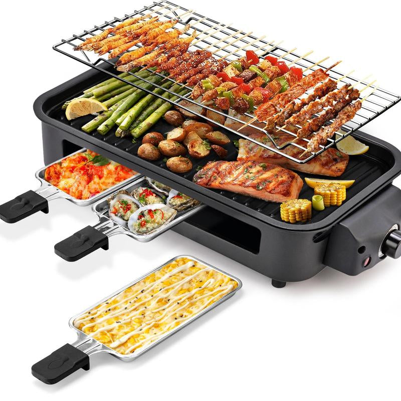 Pukomc 1500W Smokeless Indoor Electric Grill with Non-Stick Plate, 3 Raclette Pans, and Dishwasher-Safe Components - Ideal for Steaks, Hot Dogs, and More