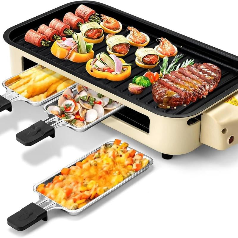 Pukomc 1500W Smokeless Indoor Electric Grill with Non-Stick Plate, 3 Raclette Pans, and Dishwasher-Safe Components - Ideal for Steaks, Hot Dogs, and More