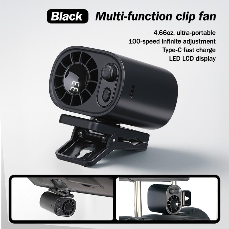 JOYTUTUS Car Clip on Fan with LED Display - 360° Rotation, 100 Speeds Adjustable, USB Rechargeable Personal Cooling Fan 1800Mah Battery